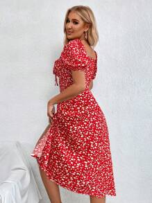 Chiquease Vestido casual de verano con mangas abullonadas con estampado floral delicado y dobladillo dividido