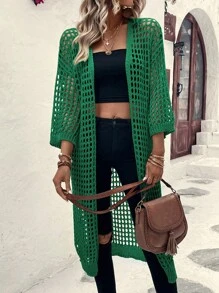 SHEIN LUNE Cardigan cache-maillot pour femmes, couleur unie avec épaules basses et motifs ajourés, parfait pour les vacances à la plage - Vert olive - Voir 3