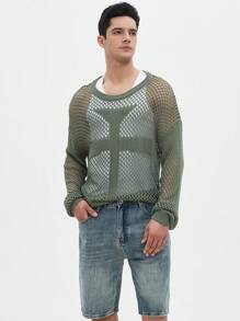 Manfinity Homme Men's Spring/Summer Casual Solid Color Hollow-Out Knitted Long Sleeve See-Through Sweater - Army Green - View 3