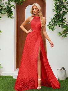 Sleeveless White Lace Dress With Halter Neckline, Cinched Waist, Ideal For Wedding Or Formal Occasions - Red - View 5