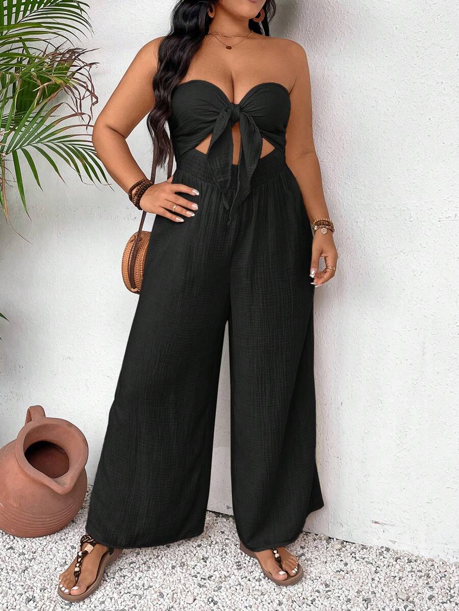 SHEIN VCAY 大尺碼假日無肩帶連身褲，長褲款式 - 黑色 - 查看 1