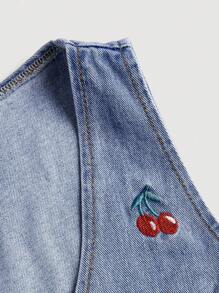 SHEIN MOD 女士夏季休閒式襯衫式櫻花刺繡純棉無袖牛仔外套 - 淺色水洗藍 - 查看 4