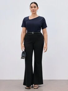 BizChic Áo thun nữ tay ngắn sọc xanh cổ chữ V có cỡ Plus, áo thun thường ngày mùa hè - Màu xanh hải quân - Xem 8