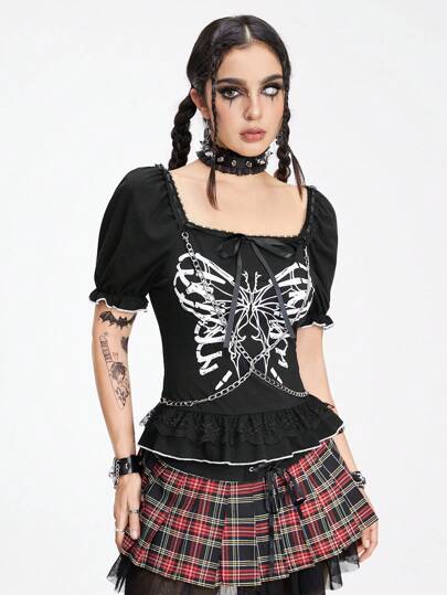 Goth T-shirt à col claudine Peter Pan avec manches bouffantes, imprimé papillon mécanique gothique et décoration de chaîne, pour filles
