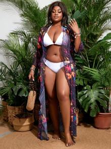 SHEIN Swim Curve Kimono transparente de verano de talla grande con estampado colorido aleatorio para la playa - Negro - Ver 6