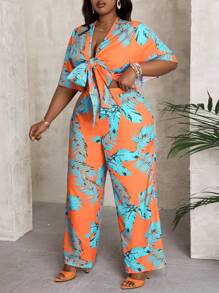 Slaydiva Conjunto de dos piezas para mujer con estampado tropical de plantas y lazo con banda elástica en tamaño grande para vacaciones, con camisa y pantalones - Naranja - Ver 5