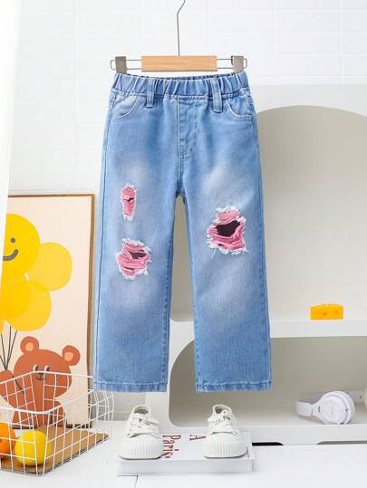 SHEIN Young Girl Color Block Simple Casual Distressed Jeans