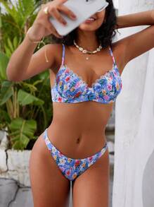 SHEIN Swim Damskie kontrastowe koronkowe wykończenie z kwiatowym nadrukiem, zestaw bikini na ramiączkach spaghetti, na imprezę przy basenie lub wakacje na plaży, pasujące stroje dla mamy i mnie (sprzedawane oddzielnie) Lato - Wielokolorowe - Zobacz 3