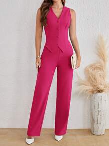 SHEIN Tall Conjunto de traje de verano de ajuste ceñido de unicolor de moda para damas en otoño/invierno - Rosa Fucsia - Ver 5