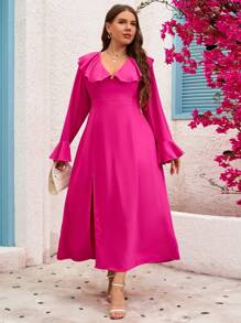 SHEIN Clasi Fashionable Plus Size Women Lotus Collar Side Slit Dress - Hot Pink - View 4