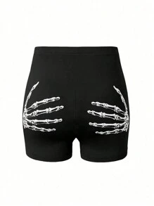 SHEIN LUNE Plus Size Skull Hand Printed Short Leggings Booty Shorts - Black - View 2