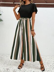 SHEIN LUNE 夏季圓領束腰彩色條紋印花連身褲 - 彩色 - 查看 3