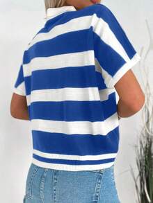 EURMUSE Striped Pattern Polo Neck Batwing Sleeve Knit Top - Blue and White - View 2