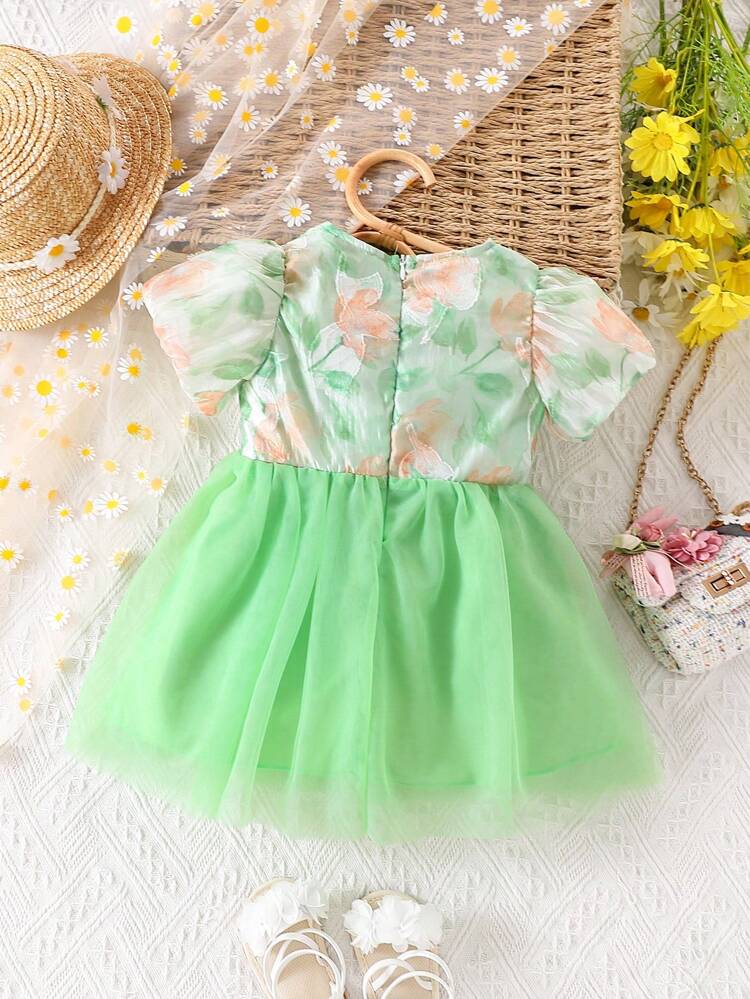 Baby Girl Female's Elegant Flowery Fresh Green Mesh Puff Sleeve Gorgeous Dress, Cute For Spring/Summer