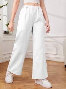 SHEIN Teen Girl Solid Color Elastic Waist Wide Leg Jeans With Pockets - White - View 5