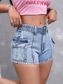 SHEIN EZwear Women's Slim Fit Mini Denim Shorts With Cargo Pockets, Summer