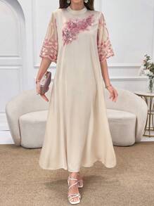 Al Najma Váy Abaya thanh lịch tay ngắn lưới hoa lấp lánh cổ đứng cho nữ, váy Jalabiya tay ngắn, váy Maxi rộng rãi, váy Maxi dự tiệc tối thanh lịch - Nhiều màu - Xem 5