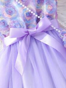 Tween Girls' Floral Printed Sleeveless Mesh Splice Dress With Bag - Purple - View 7