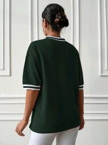 EURMUSE 字母圖案條紋飾邊落肩袖棒球球衣 - 墨綠色 - 查看 2