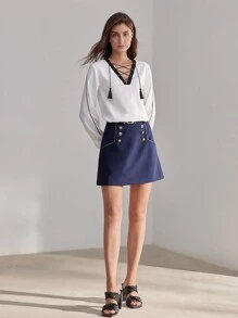 MOTF PREMIUM CONTRAST PIPING TASSEL LACE UP V-NECK BLOUSE - Black and White - View 7