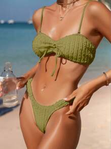 SHEIN Swim 女士純色前扣式性感比基尼套裝，適用於度假 - 軍綠色 - 查看 3