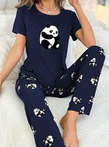 Women's Simple Panda Printed Short Sleeve And Long Pants Pajama Set - Navy Blue - View 4