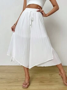 SHEIN Essnce Pantalones de palazzo plisados de cintura alta de gasa para mujer con aberturas laterales, adecuados para el palacio - Blanco - Ver 4
