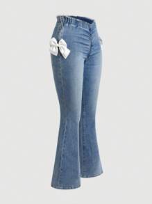 SHEIN MOD Women's Asymmetrical High Waisted Flared Jeans With Bowknot Decoration For Casual Wear - Light Wash - View 3