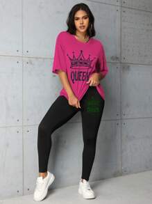Ensemble de 2 pièces avec T-shirt à manches courtes imprimé couronne et lettres, et leggings. Mode polyvalente, printemps/été - Rose vif - Voir 4