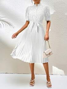 Chiquease 蕾丝上衣半褶下摆系带连衣裙长款女装 - 白色 - 查看 1