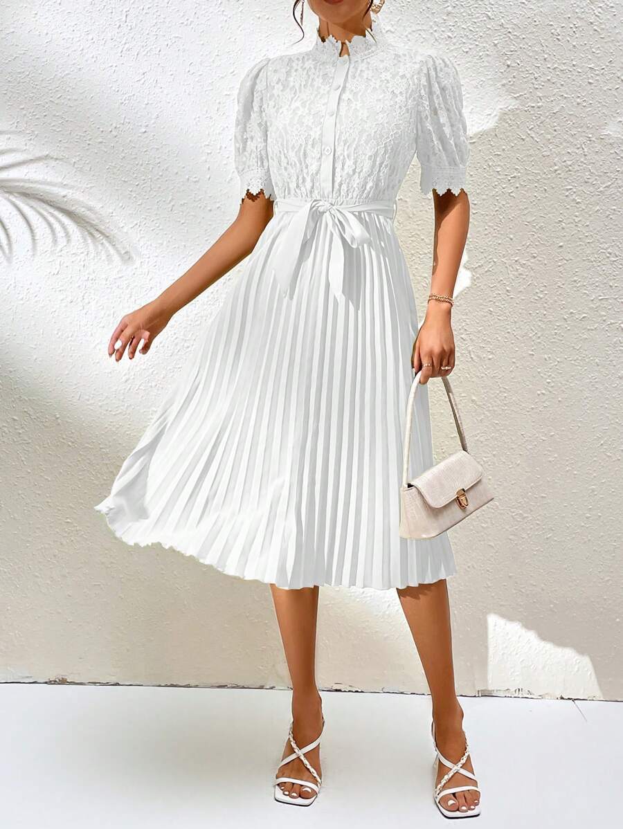 Chiquease 蕾丝上衣半褶下摆系带连衣裙长款女装 - 白色 - 查看 1