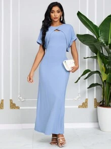 SHEIN Lady Women's Gray-Blue Long Dress Top And Short Sweater Knit Ribbed Two-Piece Set - Blue - View 1