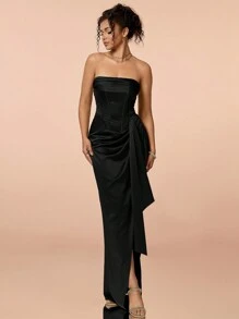 优雅褶皱开衩露腿缎面无肩带礼服，黑色正式晚宴礼服，适合正式场合、圣诞节、新年等#盛大晚宴#迷人优雅礼服 - 黑色 - 查看 6