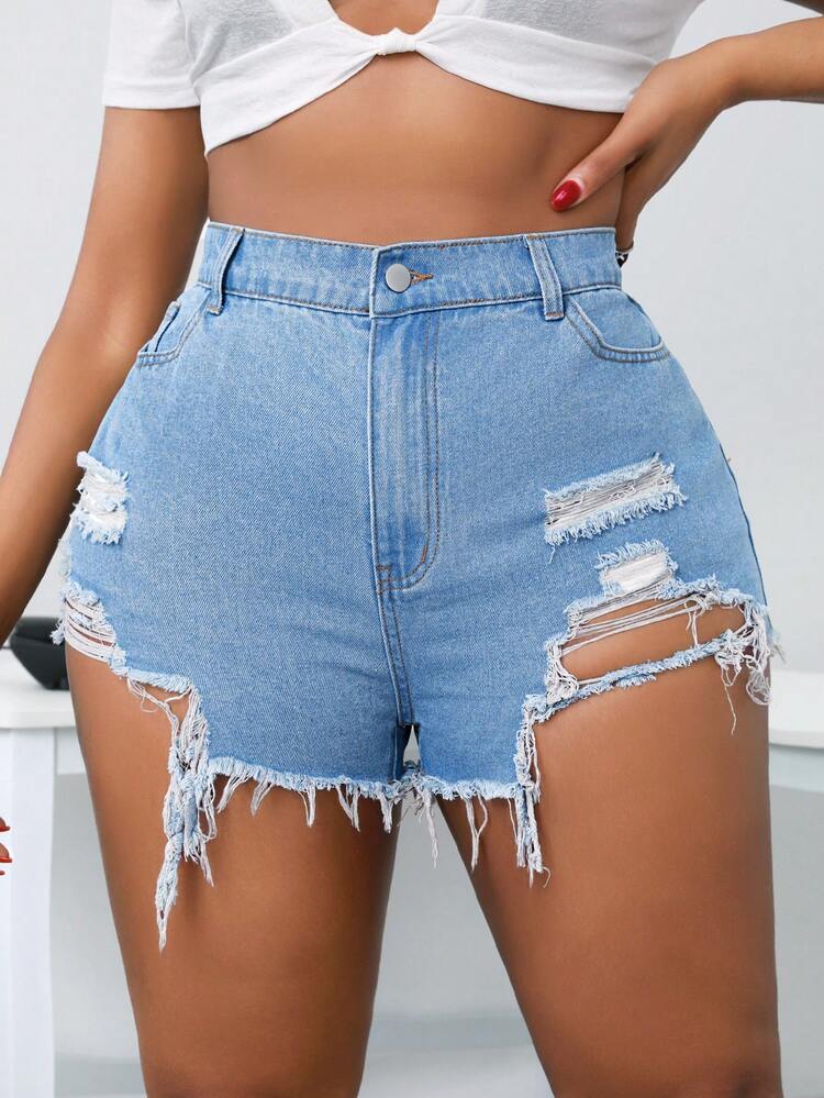 Plus Size Sexy Distressed Denim Shorts Without Elasticity