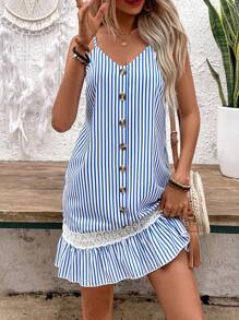 Breezaya Robe cami à boutons devant avec empiècement en dentelle, blocs de couleurs et rayures pour vacances et loisirs, tenues de plage pour femmes - Multicolore - Voir 3