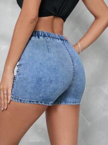 SHEIN Tall Váy denim quấn vải xếp nếp thông thường dành cho nữ cho mùa hè - Rửa nhẹ - Xem 2