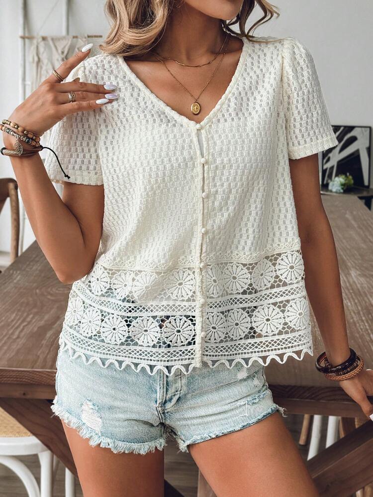 Apricot Patchwork Lace Cardigan Smock, Loose And Comfortable, Suitable For Daily, Outing, Holiday Wear Summer Casual