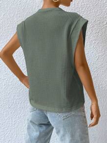 SHEIN Essnce Solid Color Cap Sleeve Knitted Round Neck T-Shirt - Green - View 2