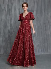 Vestido de fiesta para mujer con escote pronunciado en V, manga de mariposa y lentejuelas - Burdeos - Ver 6