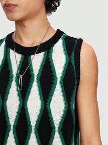 ROMWE MEN 男士圓領菱形圖案印花休閒無袖針織毛衣 - 墨綠色 - 查看 6