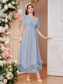Modelyn Women's V-Neck Casual Short Sleeve Arabic Style Dress With Ruffle Hem For Summer Long Evening Dresses - Blue - View 5