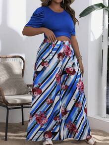 SHEIN VCAY Plus Size Women's Vacation Style Printed Short Sleeve Top And Skirt Set - Multicolor - View 4