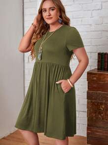 EMERY ROSE Đầm cổ tròn màu trơn cỡ lớn có thắt lưng và túi, mùa hè - xanh quân đội - Xem 3