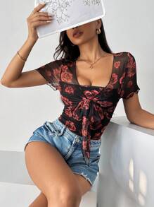 SHEIN Privé Women's Summer Floral Print Short Sleeve Tie Waist Slim Fit Bodysuit - Multicolor - View 1
