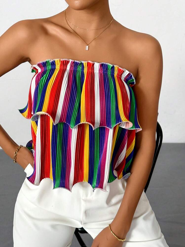 Women's Summer Design Pattern Printed Pleated Double-Layered Strapless Top With Ruffles