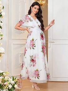 Loomaby Maternity Elegant Rose Floral Print V-Neck Wrap Short Sleeve Dress, Loose Fit For Pregnant Women - Red and White - View 1