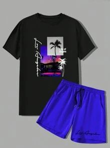 Manfinity RSRT Men's Summer Palm Tree Letter Print Short Sleeve Casual T-Shirt And Drawstring Waist Shorts Set, Men's Graphic T-Shirt And Shorts Set, Men's Summer Casual Set, Los Angeles Graphic Tee And Shorts, Cozy Outfits - Multicolor - View 2