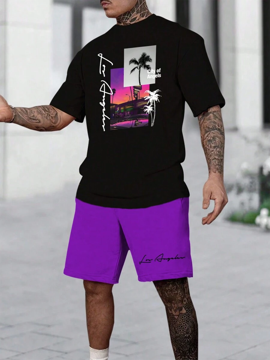 Manfinity RSRT Men's Summer Holiday Letter & Palm Tree Printed Short Sleeve Casual T-Shirt And Drawstring Waist Shorts Set - Multicolor - View 1