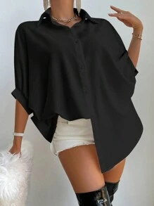 VaVaBold Áo sơ mi nữ đơn giản hàng ngày màu trơn - màu đen - Xem 1