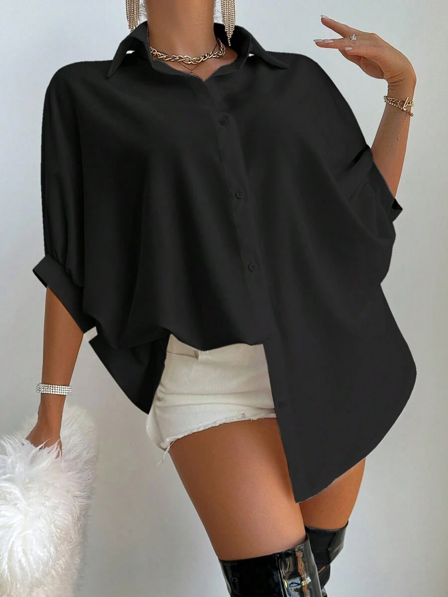 VaVaBold Áo sơ mi nữ đơn giản hàng ngày màu trơn - màu đen - Xem 1